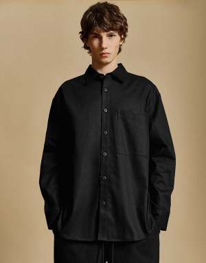 Black Men's Urban Revivo Button Up Loose Shirts | HEE4033BU