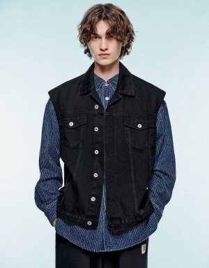 Black Men's Urban Revivo Denim Waistcoat Denim Jackets | JKO3943BQ