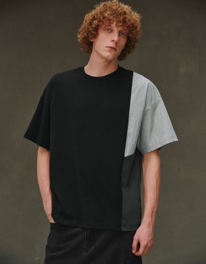 Black Men's Urban Revivo Drop Shoulder Sleeve Crew Neck T Shirts | RIJ5420KK