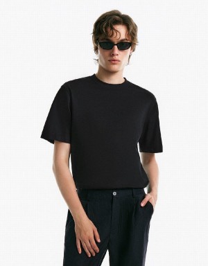 Black Men's Urban Revivo Drop Shoulder Sleeve Crew Neck T Shirts | BTP9583ZF