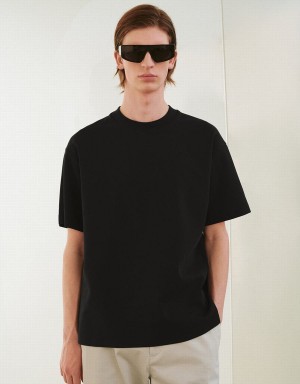 Black Men's Urban Revivo Drop Shoulder Sleeve Crew Neck T Shirts | PEW5720OD