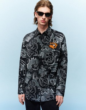 Black Men's Urban Revivo Graffiti Printed Button Up Loose Shirts | EBL9073YH