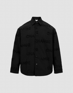 Black Men's Urban Revivo Letter Printed Button Up Oversized Shirts | ZVL8843ON