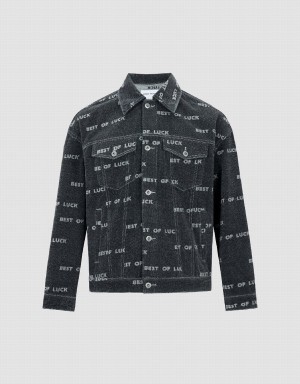 Black Men's Urban Revivo Letter Printed Denim Jackets | KCW2351TJ