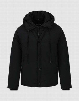 Black Men's Urban Revivo Zipper Front Hooded Down Jackets | NFH4563HQ