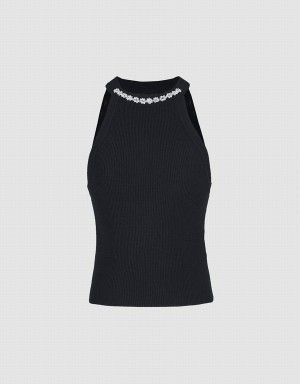 Black Women's Urban Revivo Beaded Detail Ribbed Knit Tank Top | RKX9180NR