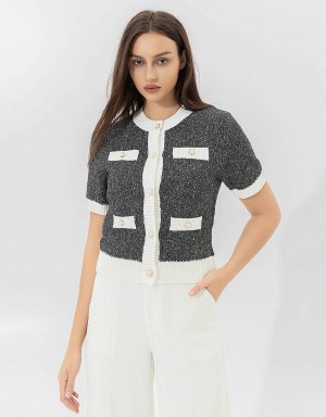 Black Women's Urban Revivo Crew Neck Knitted Cardigan | HHW416JU