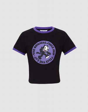 Black Women's Urban Revivo Felix The Cat T Shirts | UHN3237IN