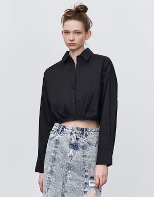 Black Women's Urban Revivo Gathered Waist Cropped Cotton Shirts | OJK9943YL