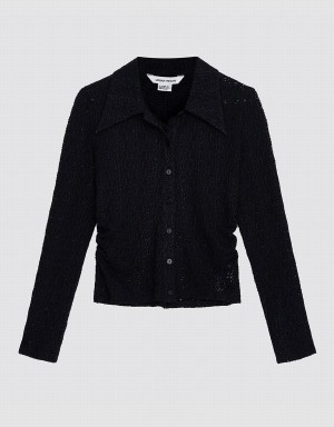 Black Women's Urban Revivo Ruched Button Up Fitted Shirts | YOG222YU