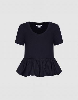 Black Women's Urban Revivo Ruffle Hem T Shirts | HJM6416VM