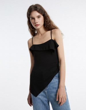 Black Women's Urban Revivo Ruffled Asymmetric Tank Top | JXF4830YU