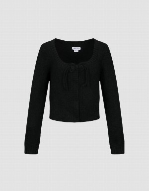 Black Women's Urban Revivo Tie Front Crew Neck Knitted Cardigan | AGU10010RF