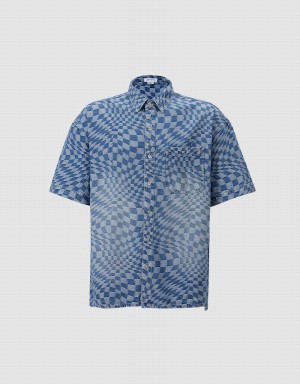 Blue Men's Urban Revivo Checkered Denim Shirts | YOD843UN