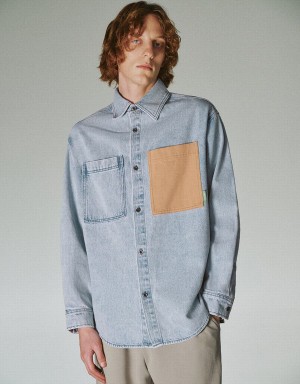 Blue Men's Urban Revivo Loose Denim Shirts | PMN8665II