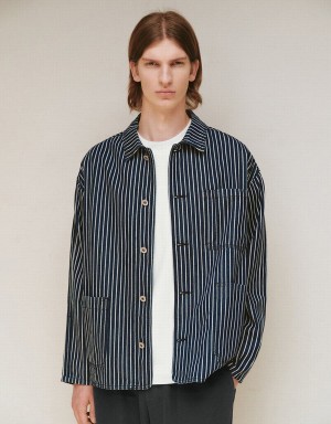 Blue Men's Urban Revivo Striped Denim Jackets | VQS9937UK