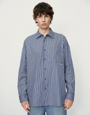 Blue Men's Urban Revivo Striped Oversized Shirts | JWB8811LQ