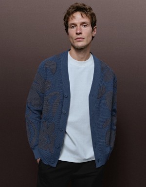 Blue Men's Urban Revivo V-Neck Knitted Cardigan | RSS8487AD