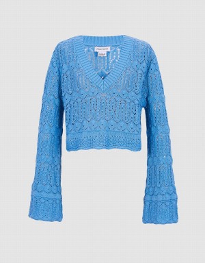 Blue Women's Urban Revivo Bell Sleeve Pointelle Knit Top Cardigan | JDW4610ZQ