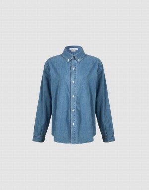 Blue Women's Urban Revivo Button Up Denim Shirts | PIZ10057VF