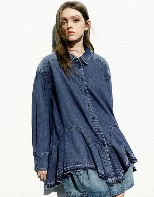 Blue Women's Urban Revivo Button Up Loose Denim Shirts | DIS4314GT