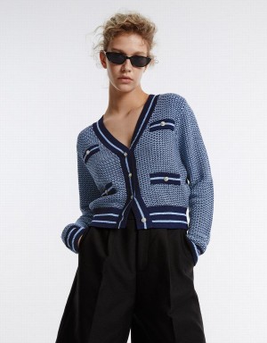 Blue Women's Urban Revivo Contrast Trim Cardigan | LIQ261ZU