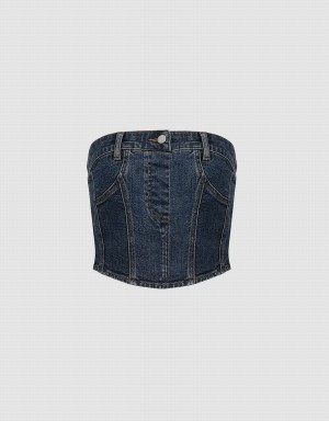 Blue Women's Urban Revivo Denim Top Shirts | MHB9718IX