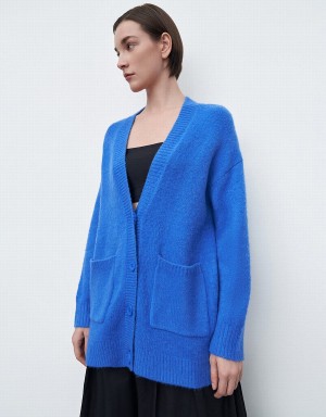 Blue Women's Urban Revivo Drop Shoulder Sleeve V-Neck Knitted Cardigan | CGY8175WX