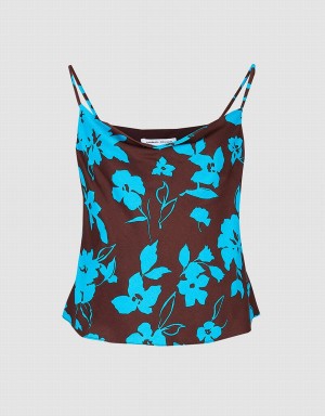 Blue Women's Urban Revivo Floral Print Cowl Neck Cami Tank Top | TYX7959GF