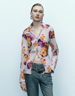 Blue Women's Urban Revivo Flower Printed Shirts | OWK494DH