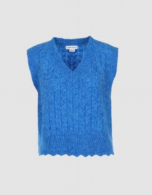 Blue Women's Urban Revivo Fuzzy Cable Knit Tank Top | PHY158KM