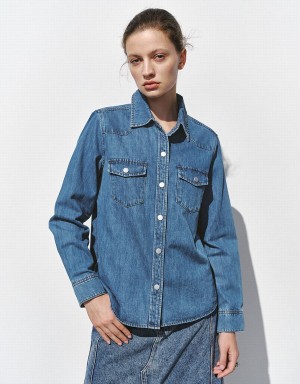 Blue Women's Urban Revivo Loose Denim With Pressed Buttons Shirts | HVO6547BV