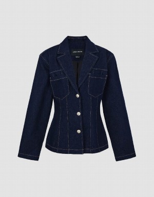 Blue Women's Urban Revivo Notch Lapel Denim Shirts | UWO7629BS