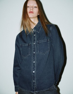 Blue Women's Urban Revivo Press Buttoned Denim Shirts | TDW357IJ