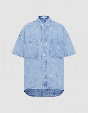 Blue Women's Urban Revivo Seashell Patched Pocket Denim Shirts | XTA847MQ