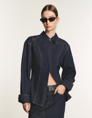 Blue Women's Urban Revivo Skater Denim Shirts | BQF7384DU