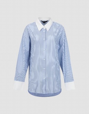 Blue Women's Urban Revivo Striped Button Up Lapel Shirts | IQO4811VQ