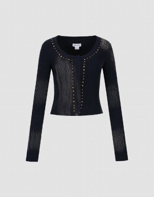 Blue Women's Urban Revivo Studded Decor Knitted Cardigan | JCJ244CG