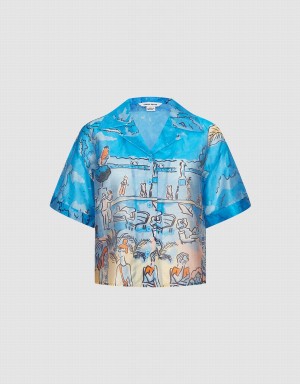 Blue Women's Urban Revivo Summer Landscape Shirts | DKJ3121KM