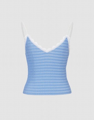 Blue Women's Urban Revivo V Neck Knitted Cami Tank Top | AZI9565XW