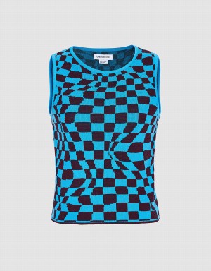 Blue Women's Urban Revivo Wavy Checkered Knitted Tank Top | KKC2156KX