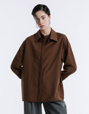 Brown Women's Urban Revivo Basic Button Up Shirts | HCR1940GW