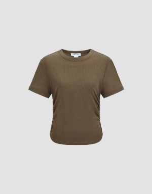 Brown Women's Urban Revivo Crew Neck Skinny T Shirts | HQO4391QN