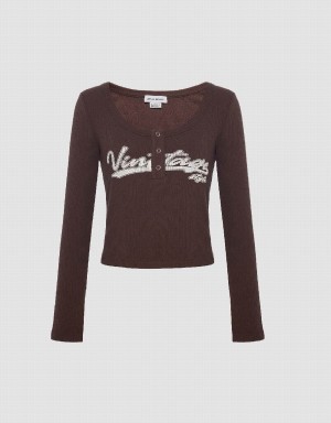 Brown Women's Urban Revivo Letter Print With Press Buttons T Shirts | ODD9753CI