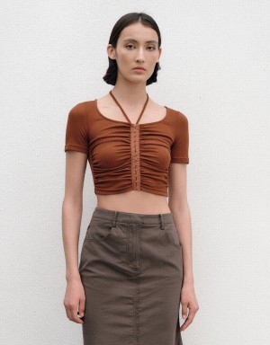 Brown Women's Urban Revivo Ruched U Neck Skinny T Shirts | SZF3354YX