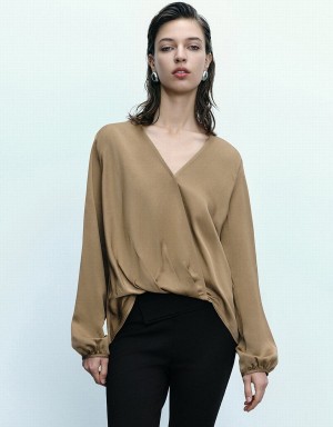 Brown Women's Urban Revivo Surplice Front V-Neck Overhead Blouse | WHB7423RX