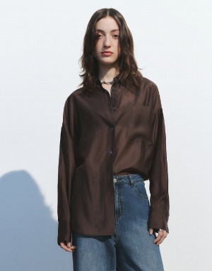 Dark Brown Women's Urban Revivo Button Up Straight Shirts | HVQ5270IX