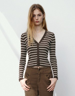 Dark Brown Women's Urban Revivo Striped V-Neck Knitted Cardigan | PBN8447MQ