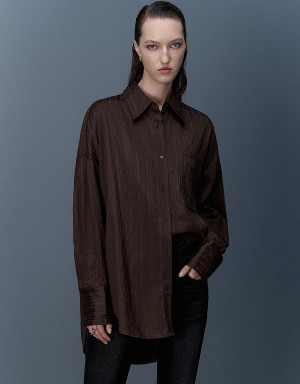 Dark Brown Women's Urban Revivo Textured Button Up Oversized Shirts | BGY8391HA