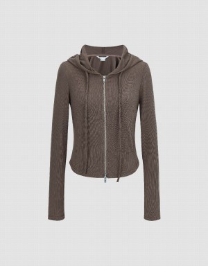 Dark Brown Women's Urban Revivo Zipper Front Skinny Hooded Jackets | CHU7639IL